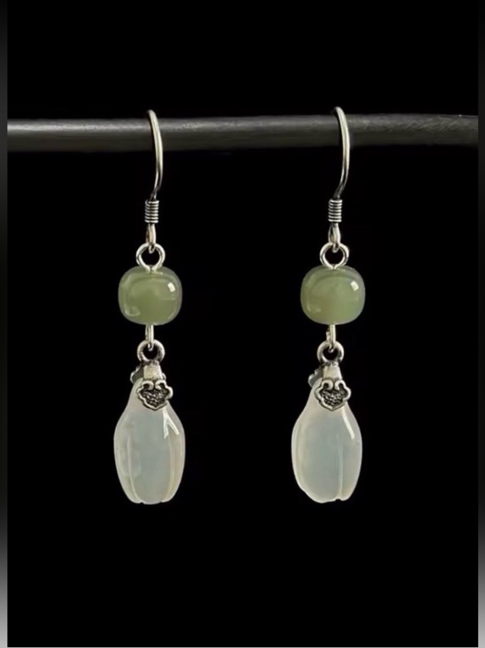 Natural A-Grade Jadeite White &Green Burmese Jade Earrings 925 Sterling silver